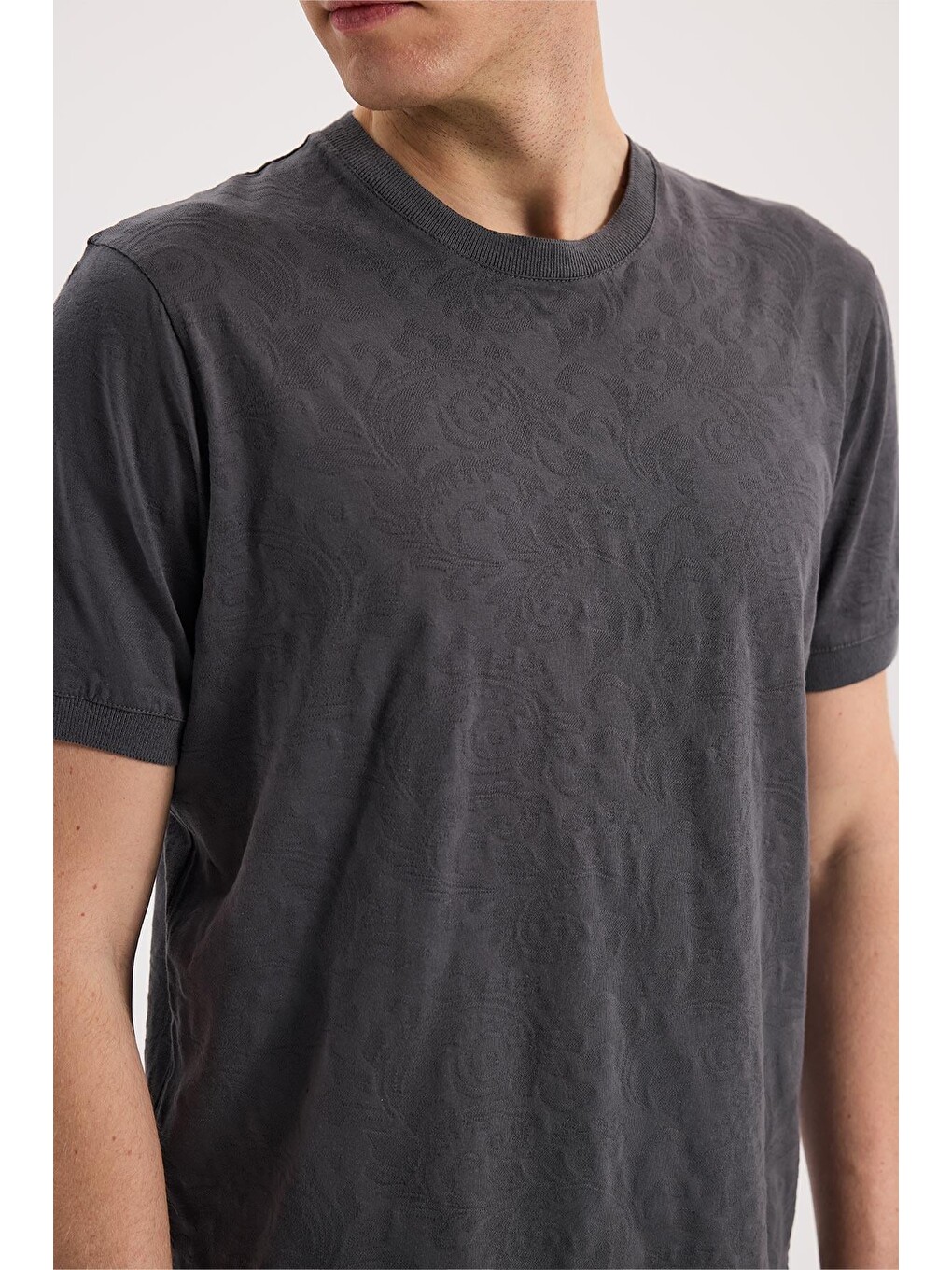 Gri Füme Slim Fit Bisiklet Yaka Desenli %100 Pamuk Tişört-2