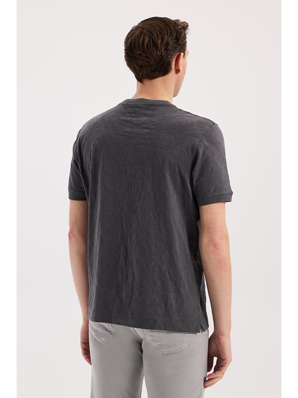 Gri Füme Slim Fit Bisiklet Yaka Desenli %100 Pamuk Tişört-3