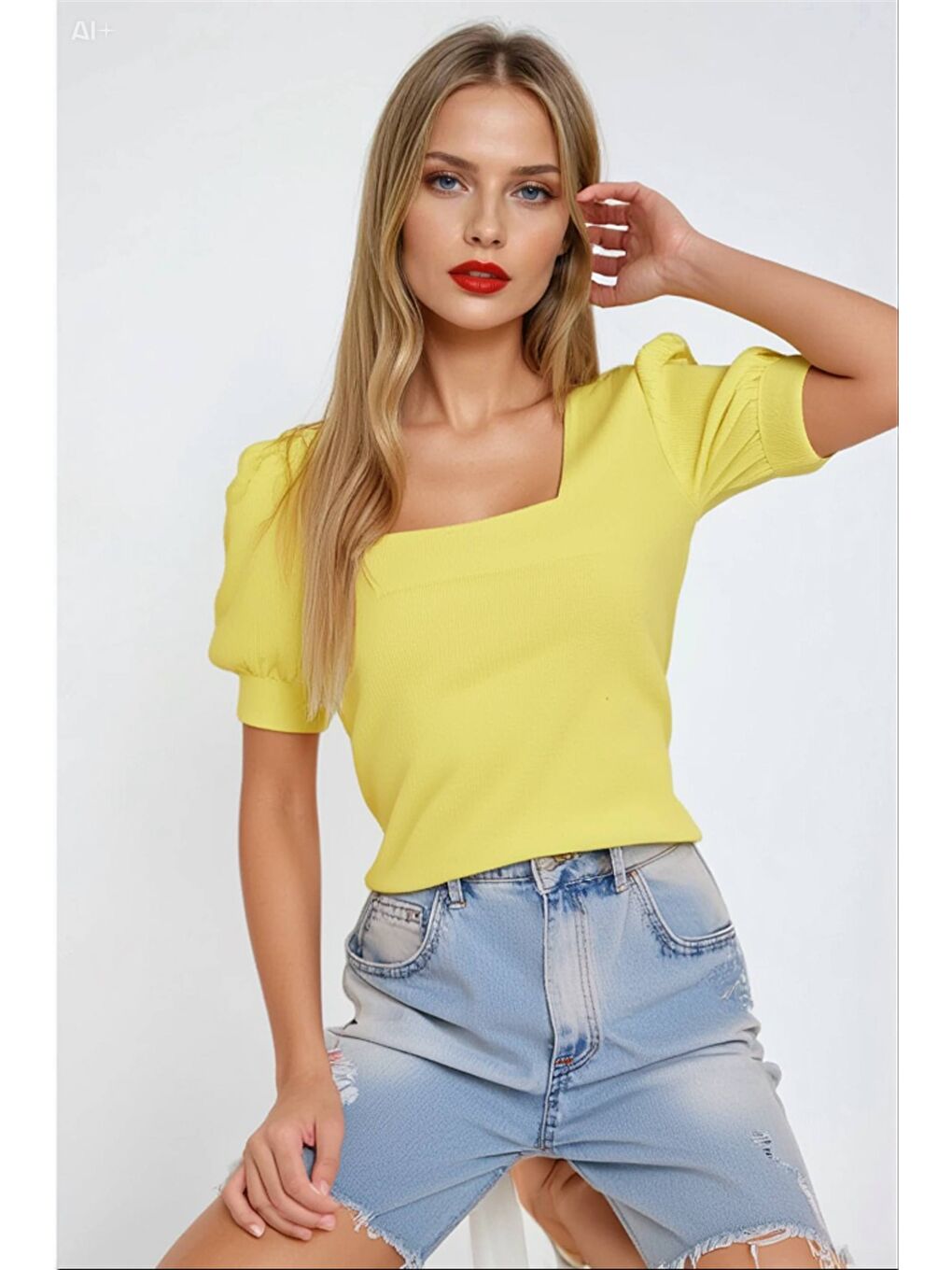 Kadın Sarı Kare Yaka Örme Bluz HZL22W-BD104091