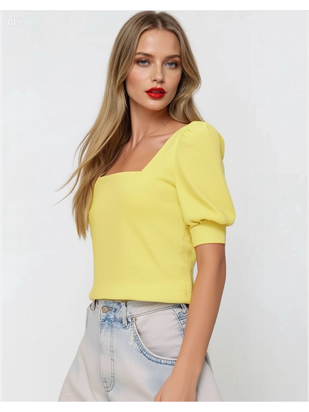 Kadın Sarı Kare Yaka Örme Bluz HZL22W-BD104091-1