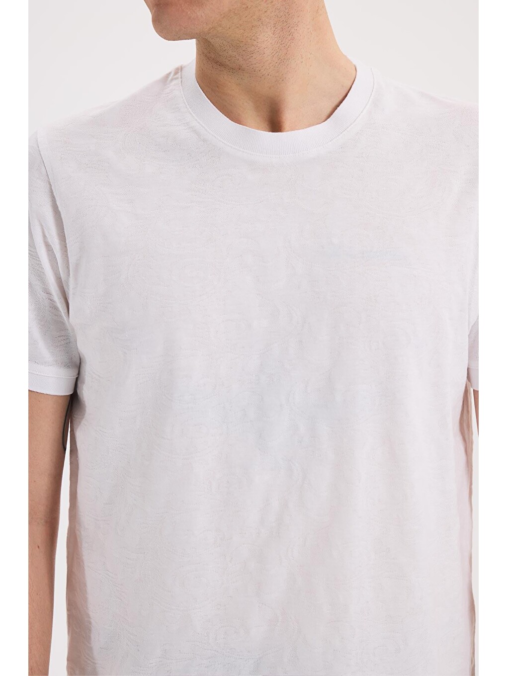 Beyaz Slim Fit Bisiklet Yaka Desenli %100 Pamuk Tişört-2