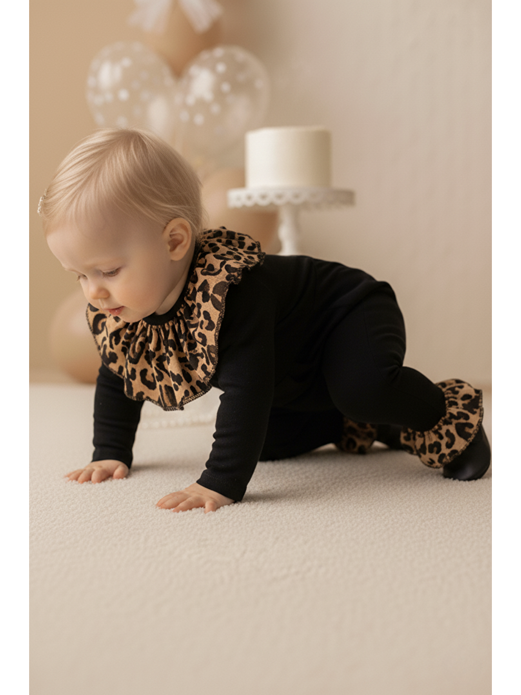 Kız Bebek Siyah Leopar Yakalı Çıtçıt Detaylı Yılbaşı Tulum Salopet-4