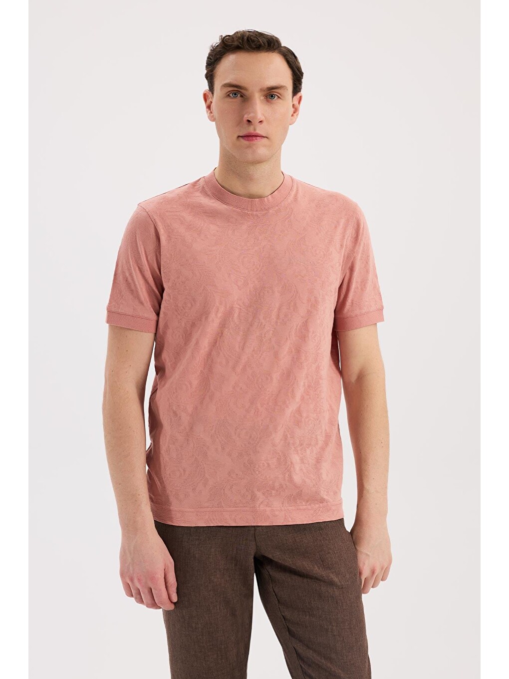 Turuncu Yavru Ağzı Slim Fit Bisiklet Yaka Desenli %100 Pamuk Tişört