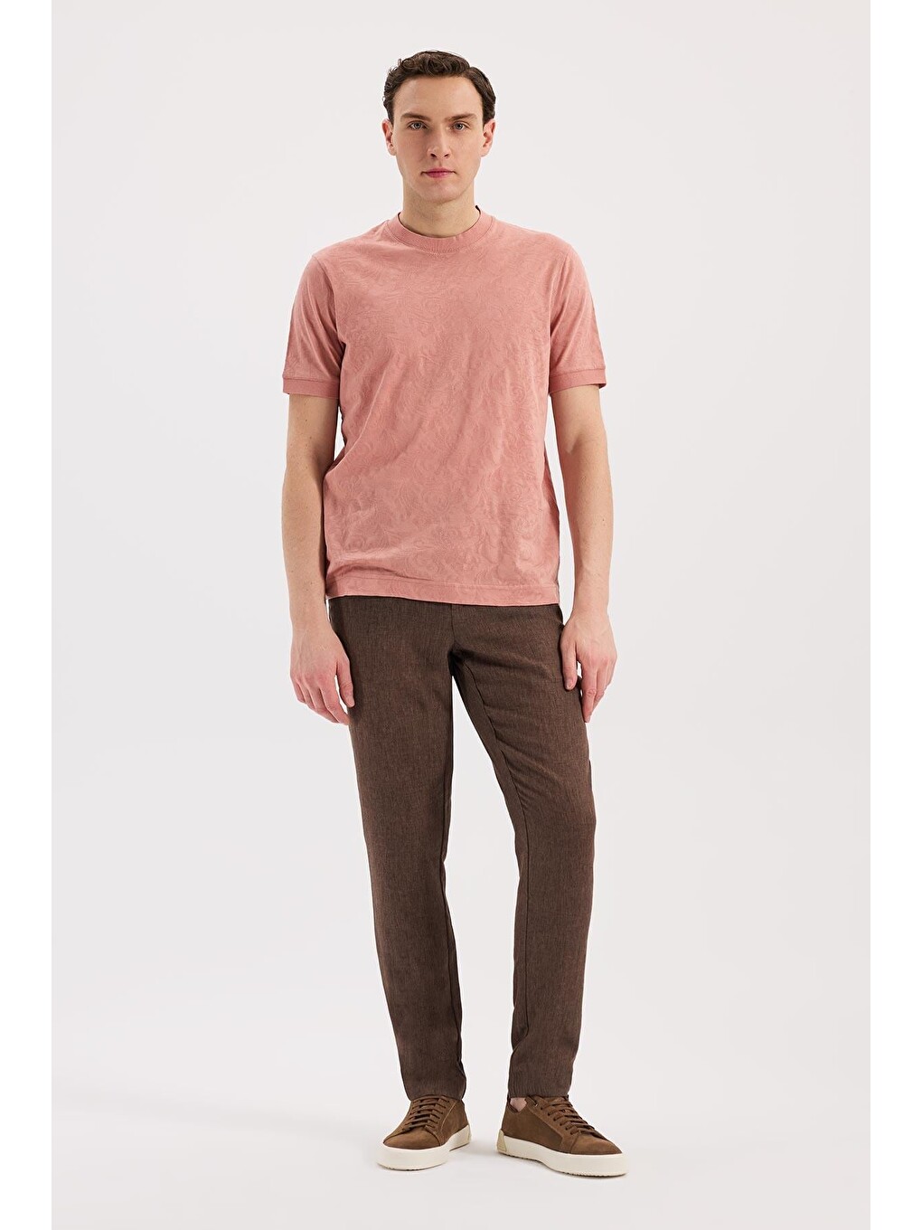 Turuncu Yavru Ağzı Slim Fit Bisiklet Yaka Desenli %100 Pamuk Tişört-1