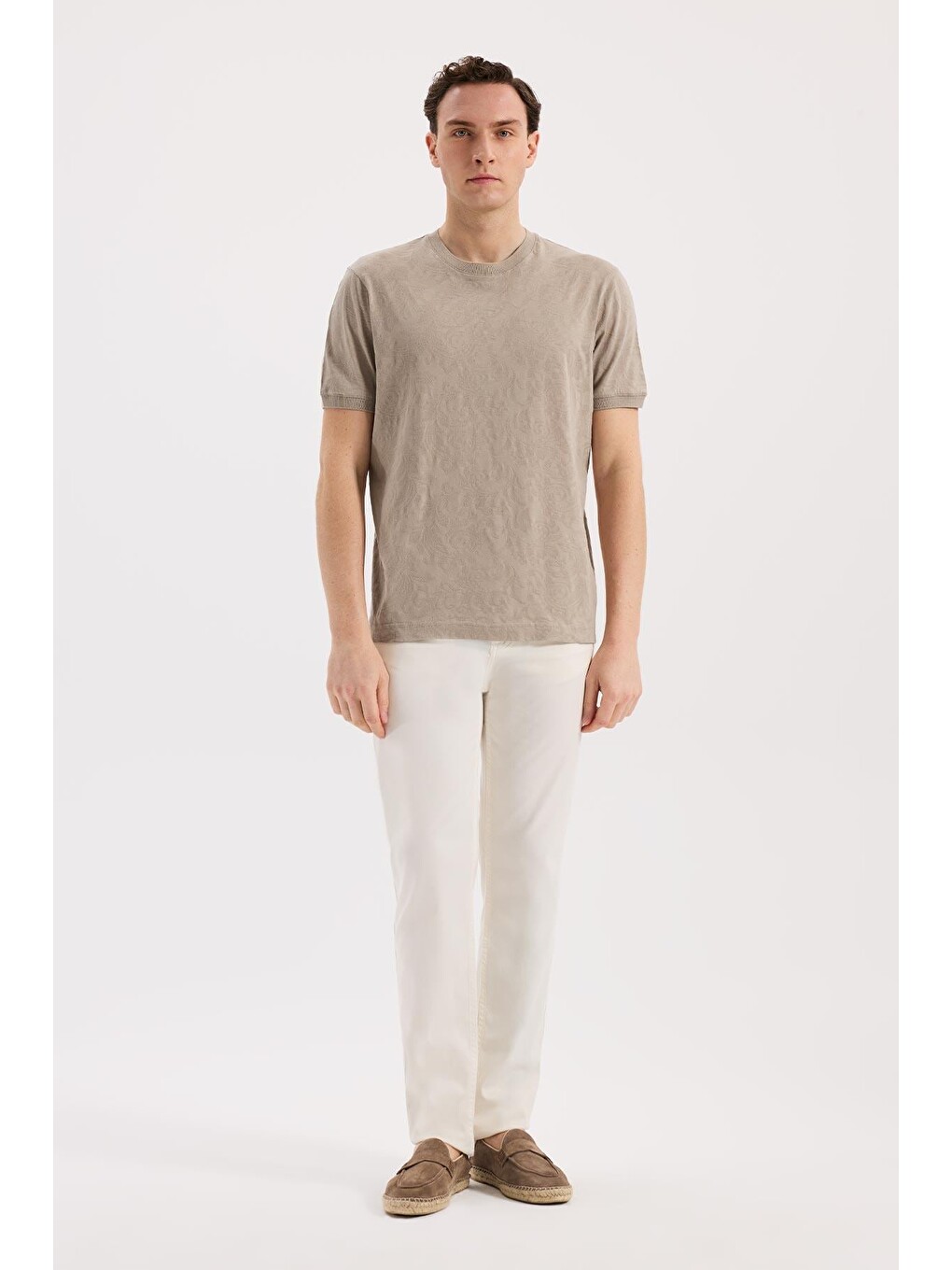 Bej Vizon Slim Fit Bisiklet Yaka Desenli %100 Pamuk Tişört-1