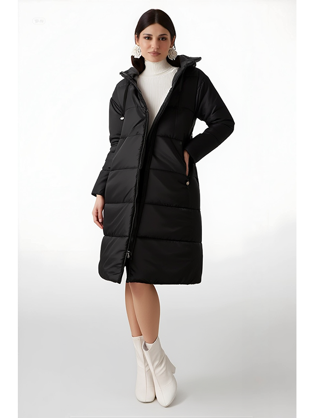 Kadın Siyah Kapüşonlu Uzun Oversize Şişme Mont HZL22W-BD151201-1