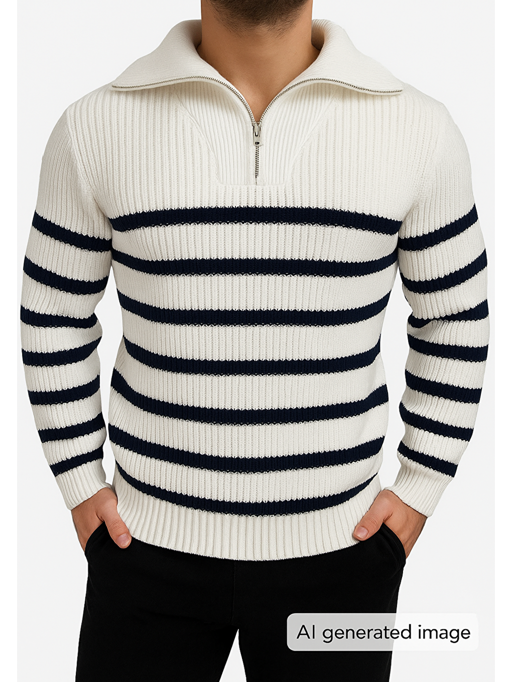 Beyaz Erkek Fermuarlı Balıkçı Triko Kazak