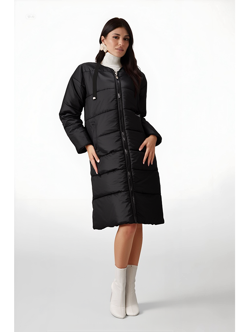 Kadın Siyah Kapüşonlu Uzun Oversize Şişme Mont HZL22W-BD151201-2