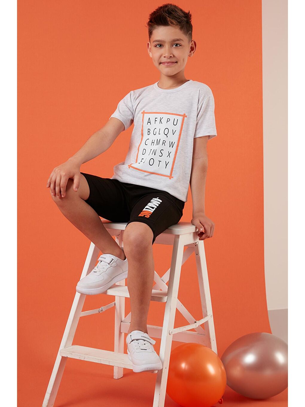 Gri Baskılı Pamuklu Belden Bağlamalı Cepli Şortlu 2'li Takım 6211001