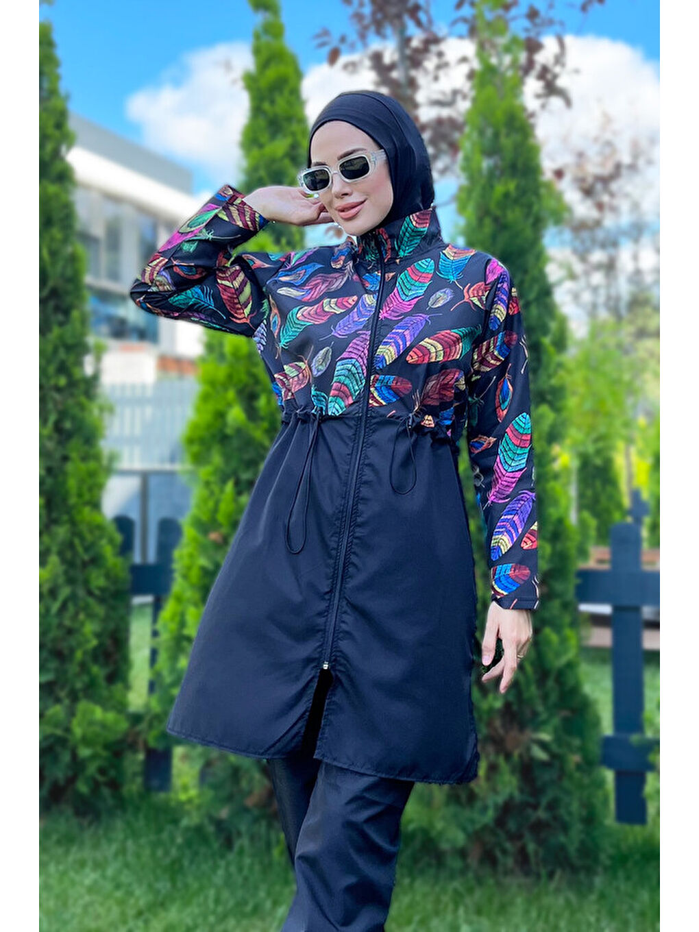 Siyah Paraşüt Tam Kapalı Tesettür Mayo Tüy Yaprak 2113 Funda-4