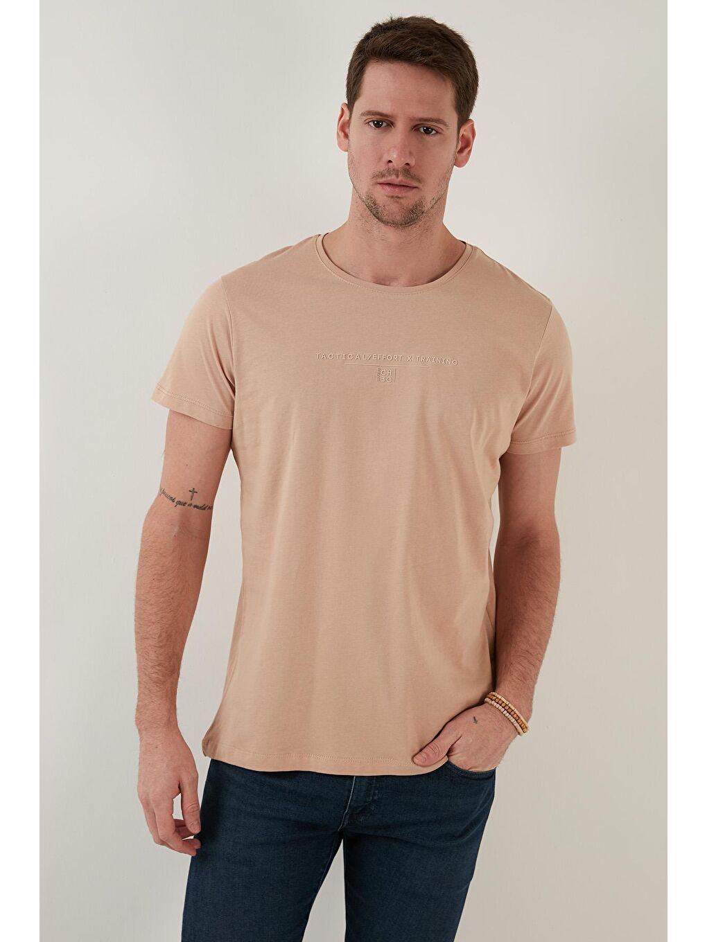 Kahverengi Yazı Baskılı Bisiklet Yaka %100 Pamuk Slim Fit Basic Tişört 541TACTICAL-2