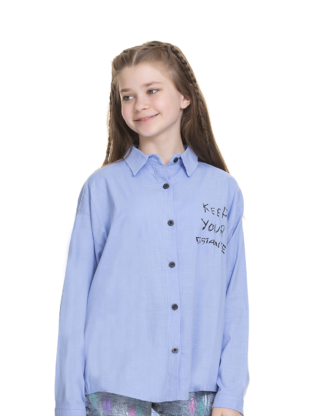 Mavi Kız Çocuk Arkası Baskılı Okul Tarz Gömlek 8-14 Yaş A1128