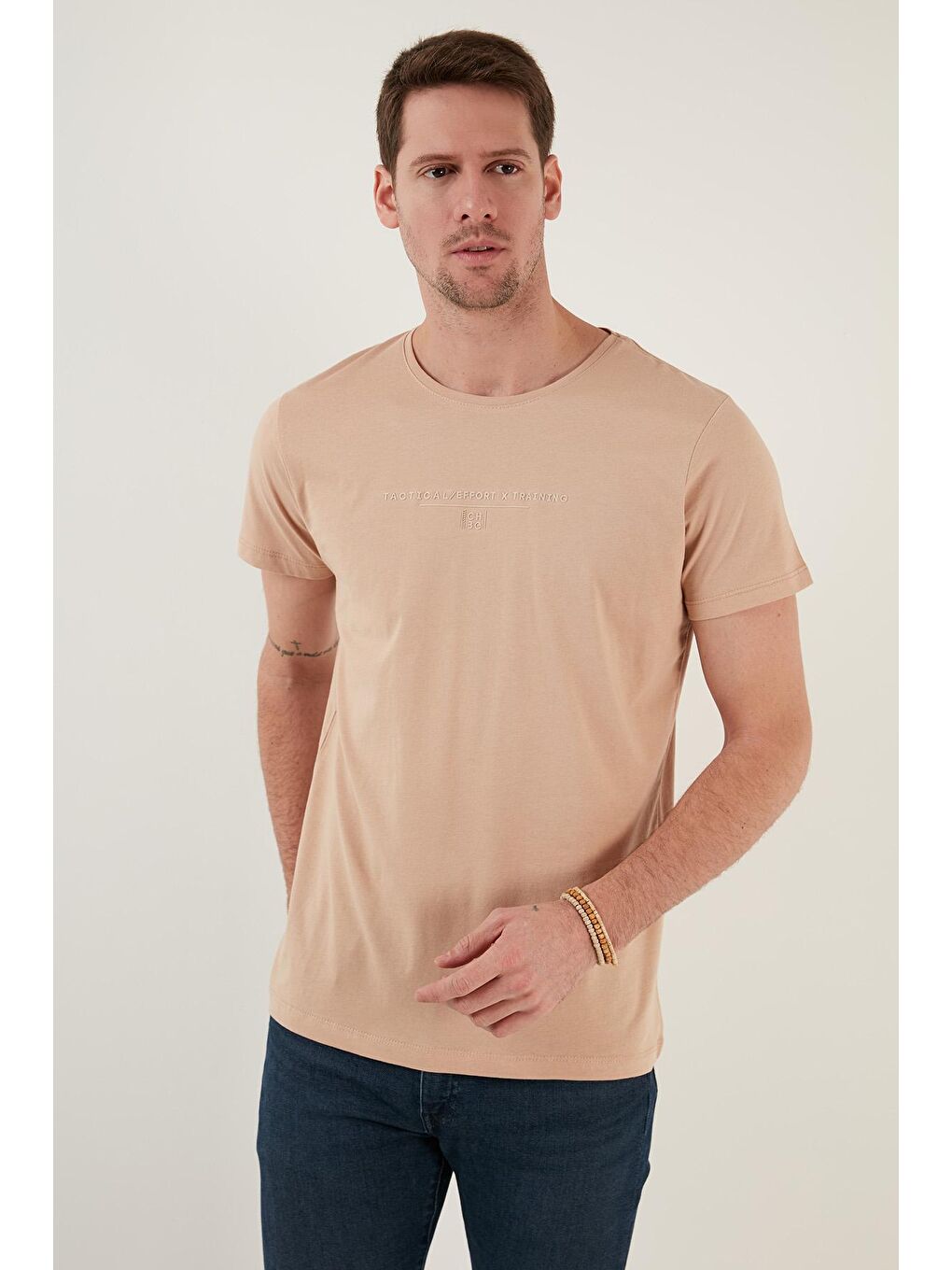 Kahverengi Yazı Baskılı Bisiklet Yaka %100 Pamuk Slim Fit Basic Tişört 541TACTICAL-4