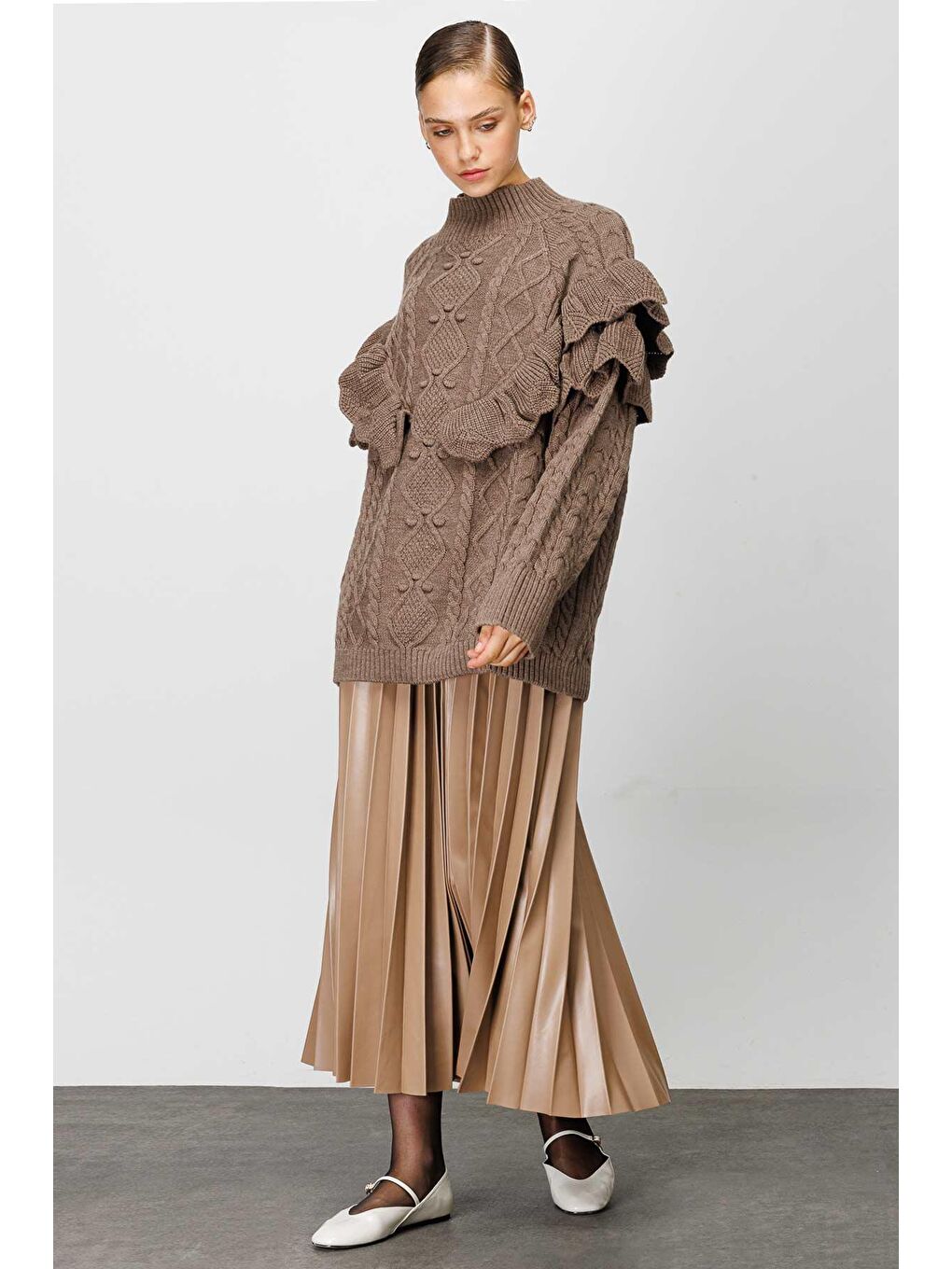 Bej Kemerli Deri Piliseli Etek - Vizon-1