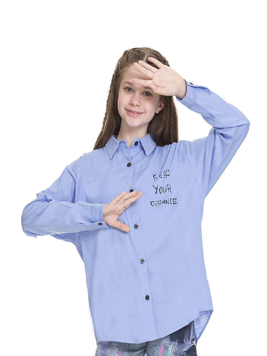 Mavi Kız Çocuk Arkası Baskılı Okul Tarz Gömlek 8-14 Yaş A1128-1