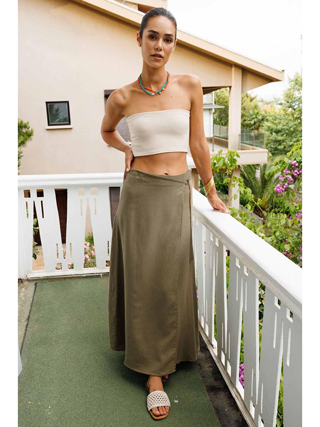 D Toka Aksesuarlı Haki Etek-3