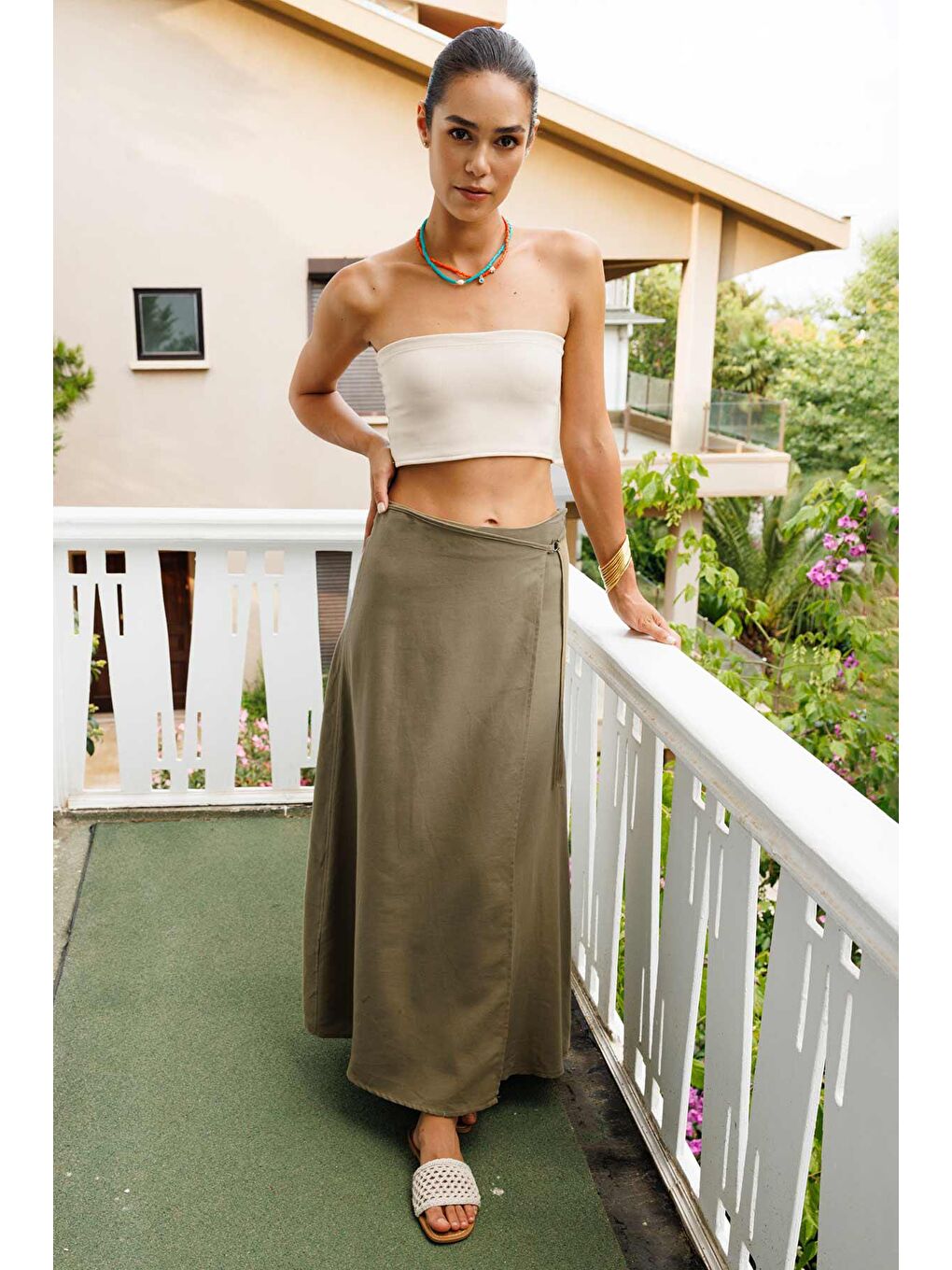 D Toka Aksesuarlı Haki Etek-4