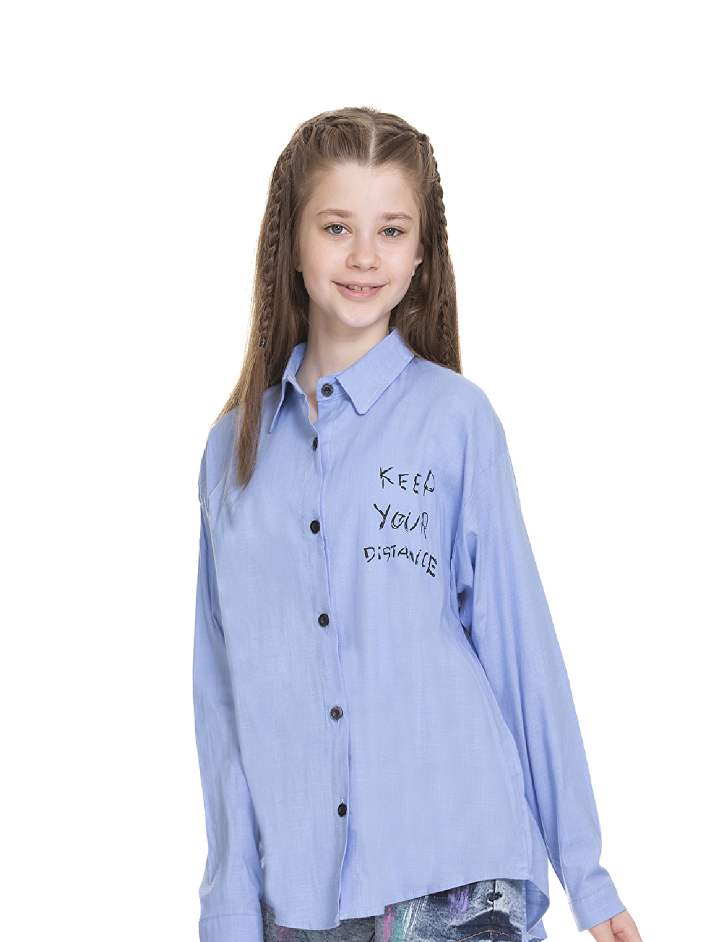 Mavi Kız Çocuk Arkası Baskılı Okul Tarz Gömlek 8-14 Yaş A1128-2