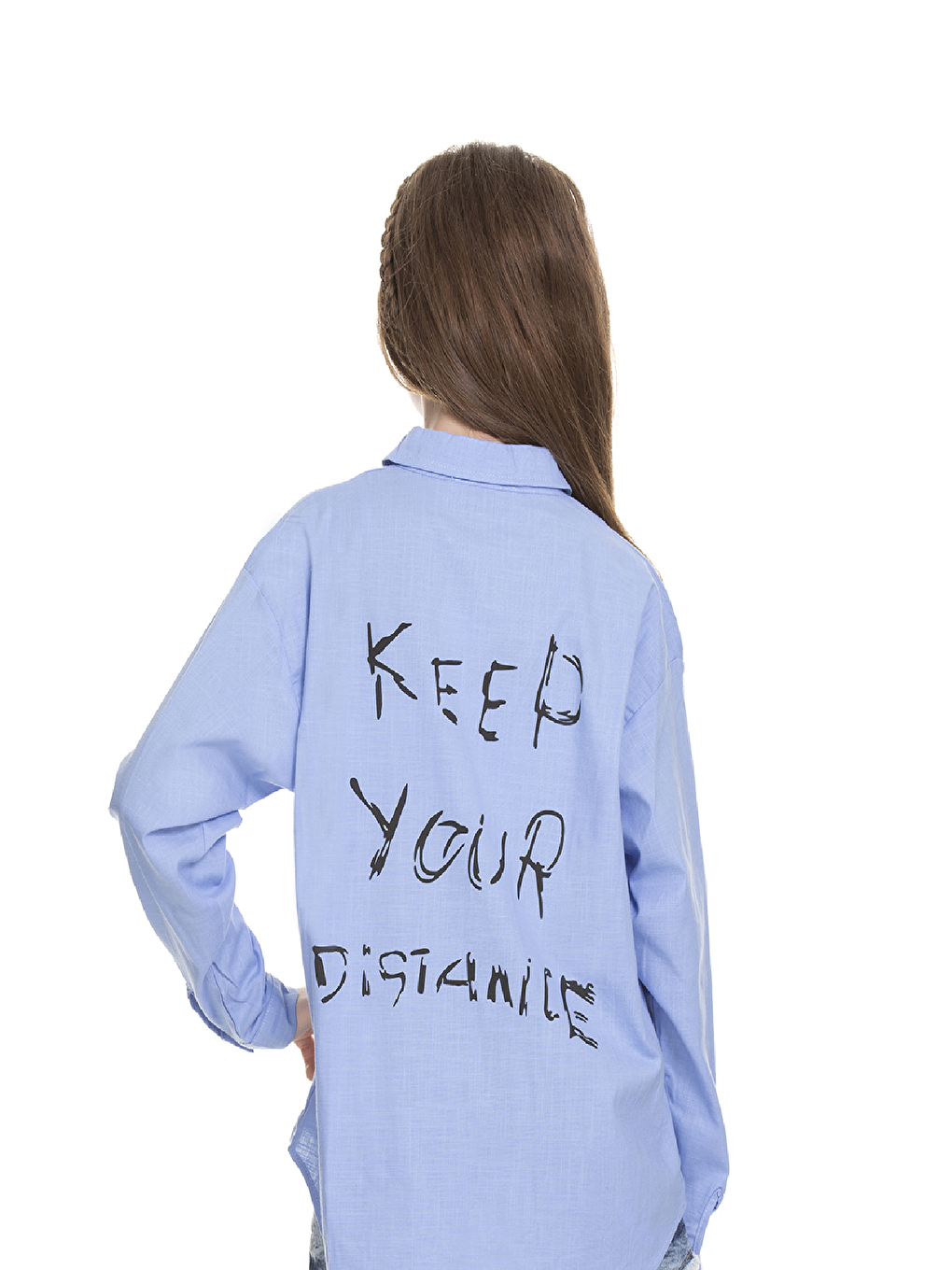 Mavi Kız Çocuk Arkası Baskılı Okul Tarz Gömlek 8-14 Yaş A1128-3