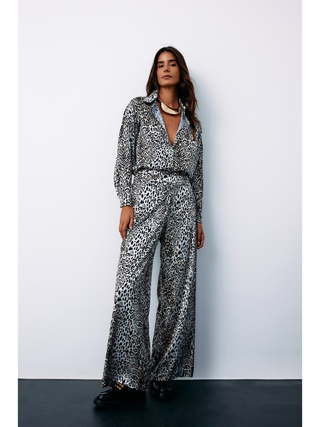 Yüksek Bel Saten Leopar Pantolon - Ekru-2