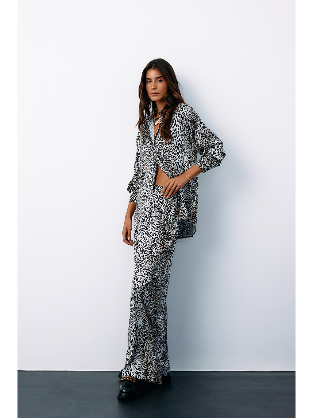 Yüksek Bel Saten Leopar Pantolon - Ekru-5