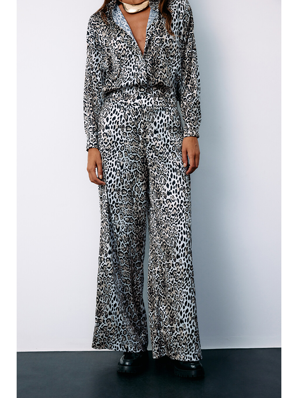Yüksek Bel Saten Leopar Pantolon - Ekru-6