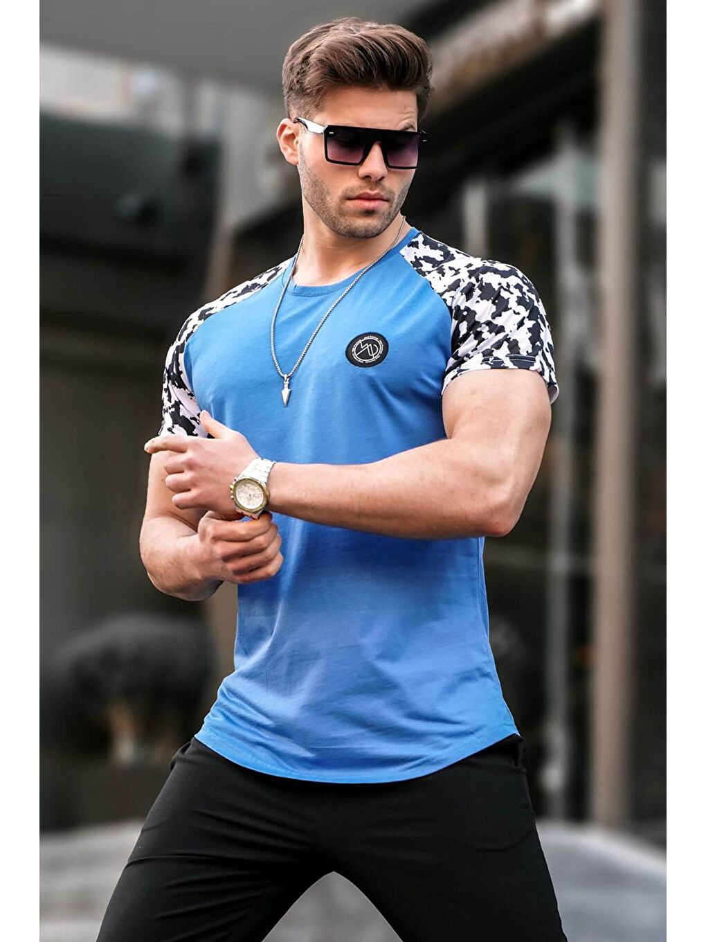 Mavi Kamuflaj Baskılı Erkek Tişört 3010