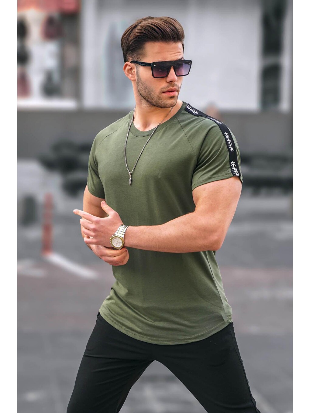 Haki Kol Detaylı Regular Fit Erkek Tişört 4633