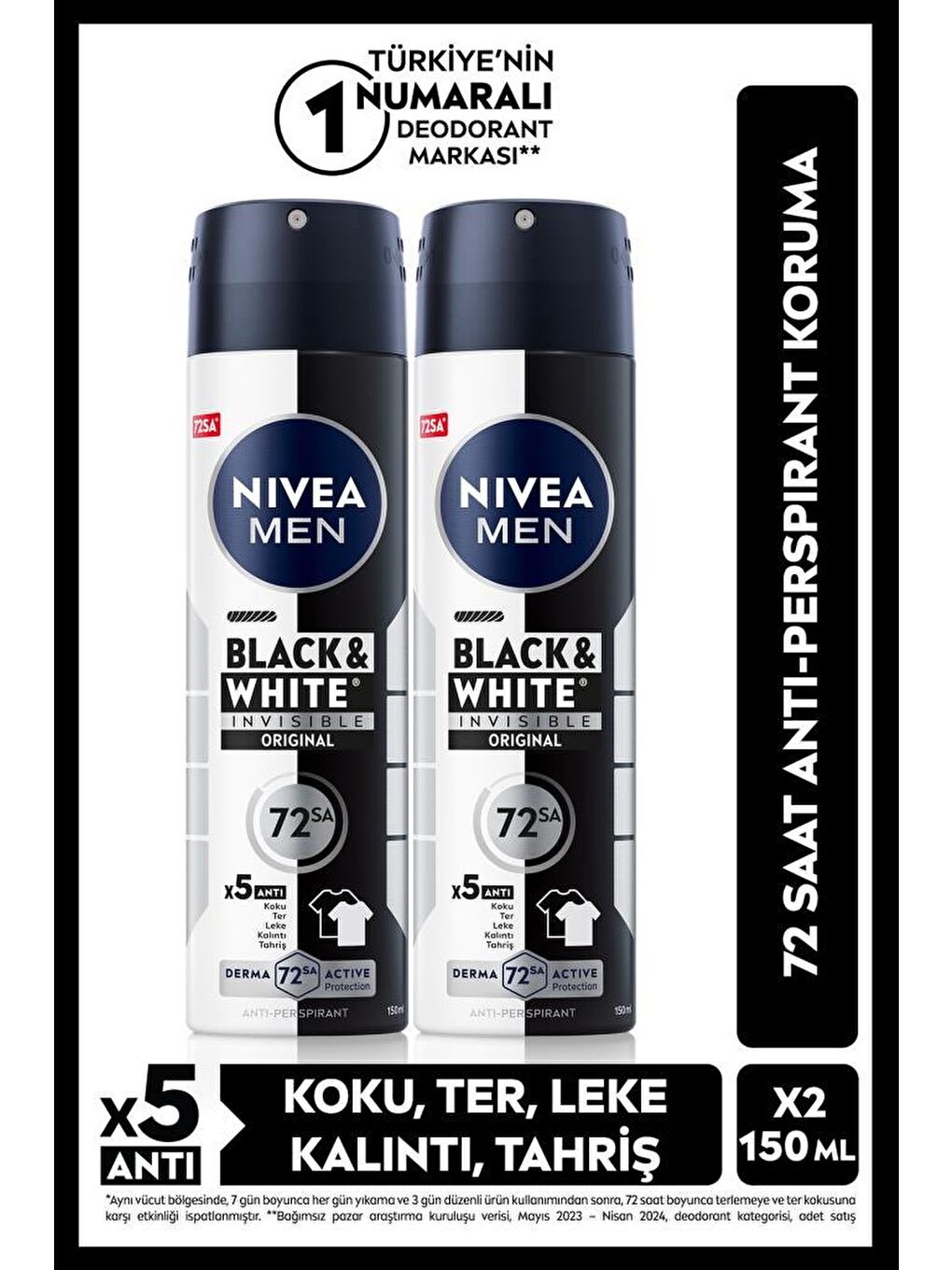 MEN Erkek Sprey Deodorant Black&White Invisible Original 150ml, 72 Saat Anti-perspirant, X2 Adet