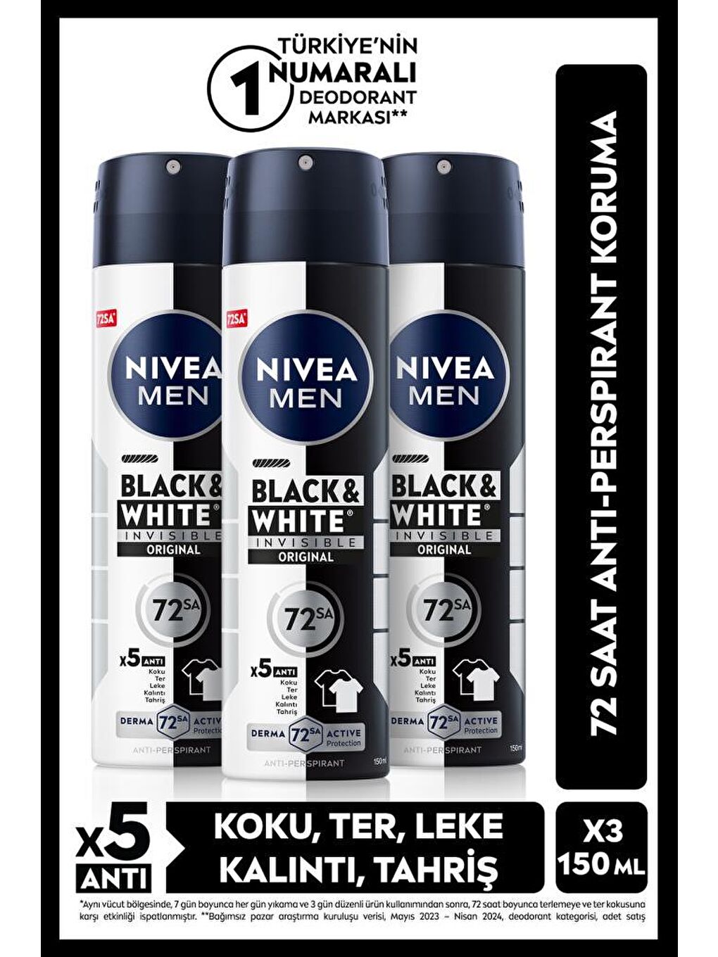 MEN Erkek Sprey Deodorant Black&White Invisible Original 150ml, 72 Saat Anti-perspirant, X3 Adet
