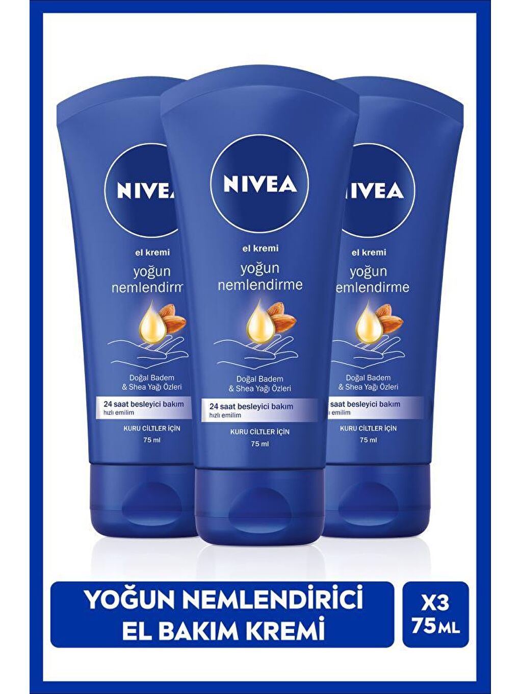 Yoğun Ne mlendirici El Kremi 75 ml X3Adet, Doğal Badem Yağı Ve Shea Yağı Özleri