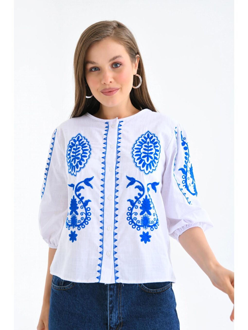 Mavi Bisiklet Yaka Etnik Nakışlı Gömlek-1