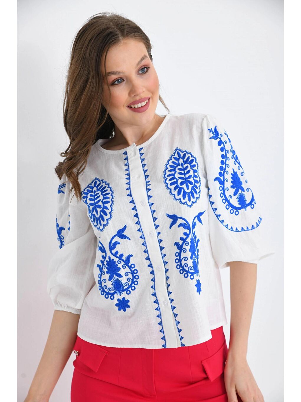 Mavi Bisiklet Yaka Etnik Nakışlı Gömlek-2