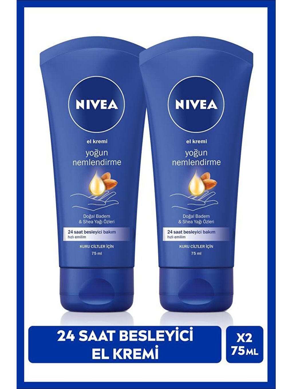 NIVEA Yoğun Nemlendirici El Bakım Kremi 75ml, Besleyici, Shea Yağı, Badem Yağı, Kuru Ciltler, X2 Adet