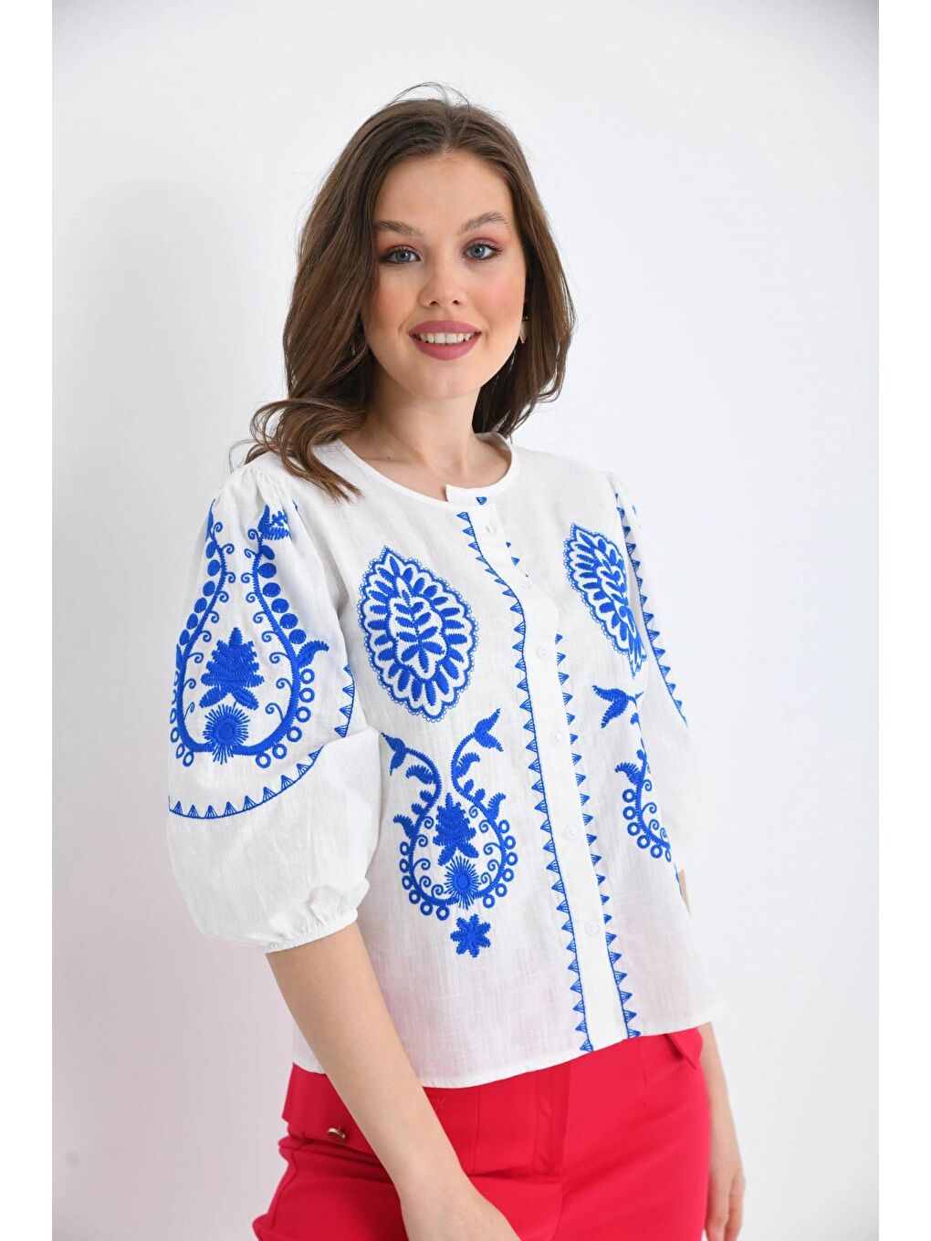 Mavi Bisiklet Yaka Etnik Nakışlı Gömlek-3