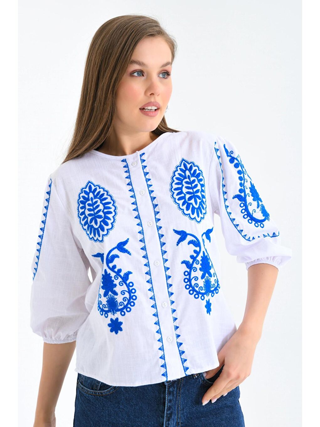 Mavi Bisiklet Yaka Etnik Nakışlı Gömlek-4