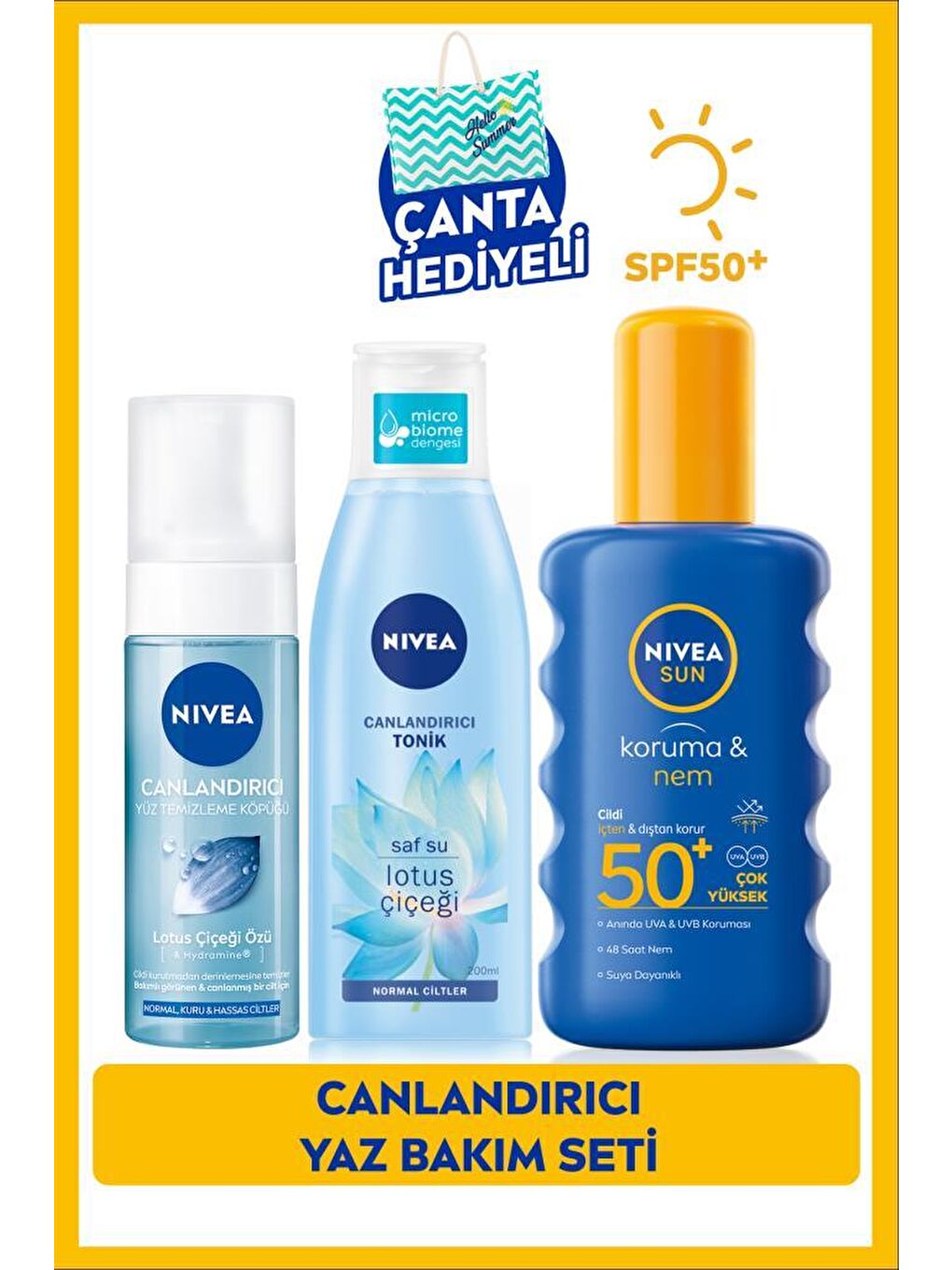 NIVEA SUN Güneş Koruyucu Vücut Spreyi 200ml SPF50, Yüz Temizleme Köpüğü 150ml, Tonik 200ml, Çanta Hediye