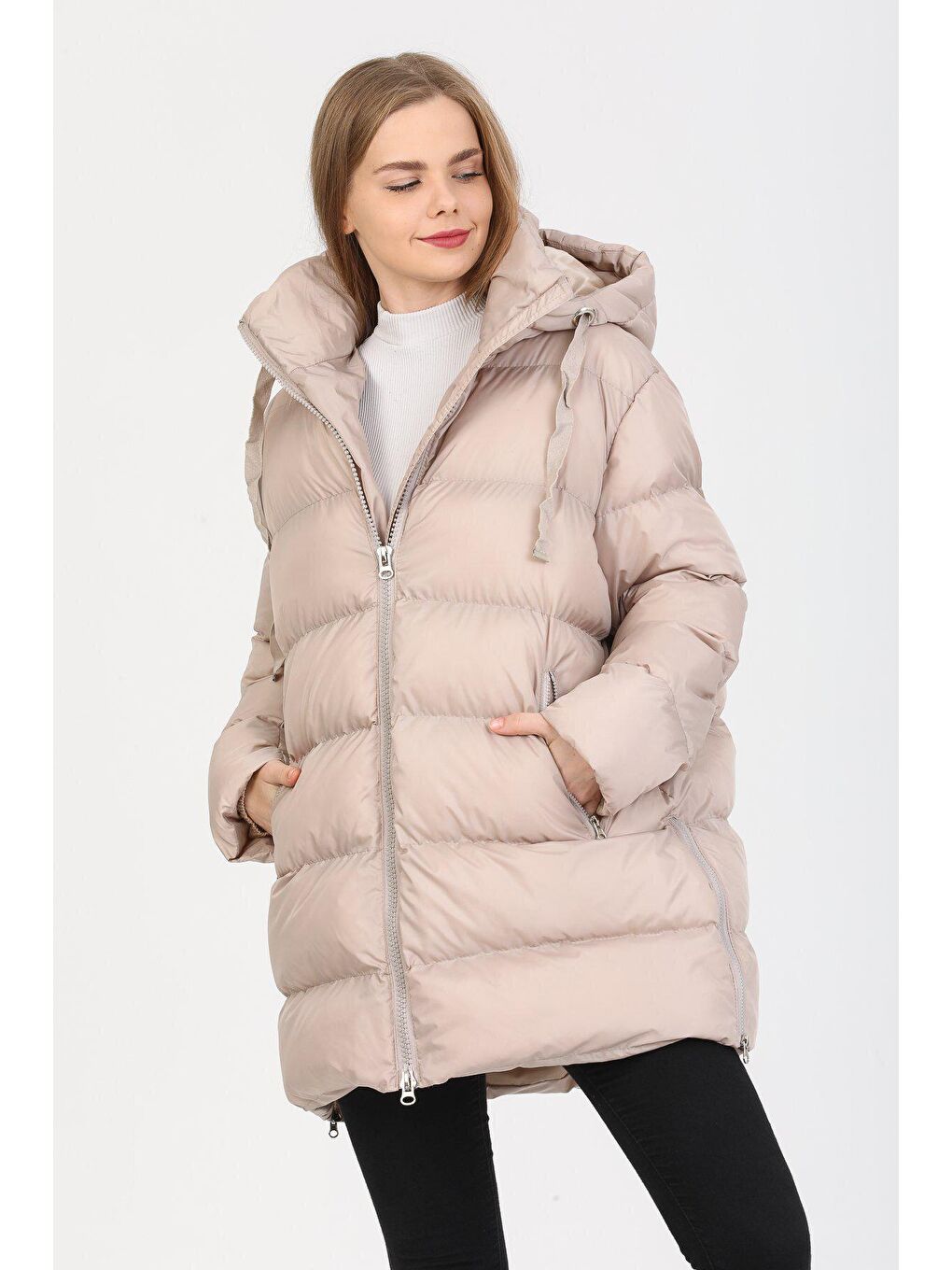 Bej Oversize Kapüşonlu Uzun Şişme  Mont AD-K50320LNW