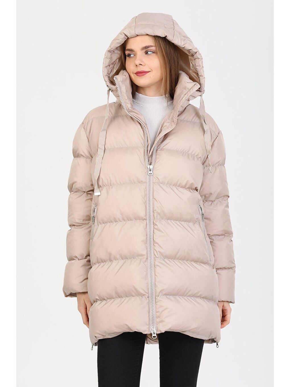 Bej Oversize Kapüşonlu Uzun Şişme  Mont AD-K50320LNW-1