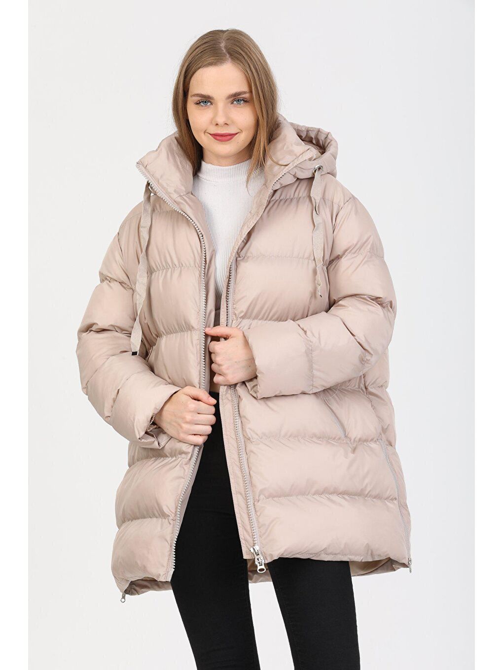 Bej Oversize Kapüşonlu Uzun Şişme  Mont AD-K50320LNW-2
