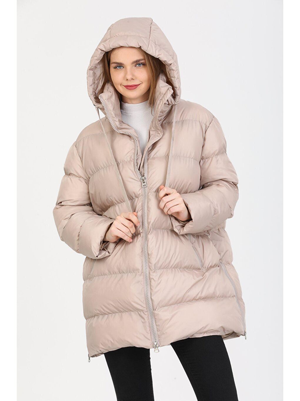 Bej Oversize Kapüşonlu Uzun Şişme  Mont AD-K50320LNW-3
