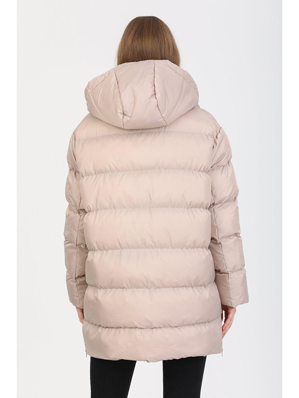 Bej Oversize Kapüşonlu Uzun Şişme  Mont AD-K50320LNW-4