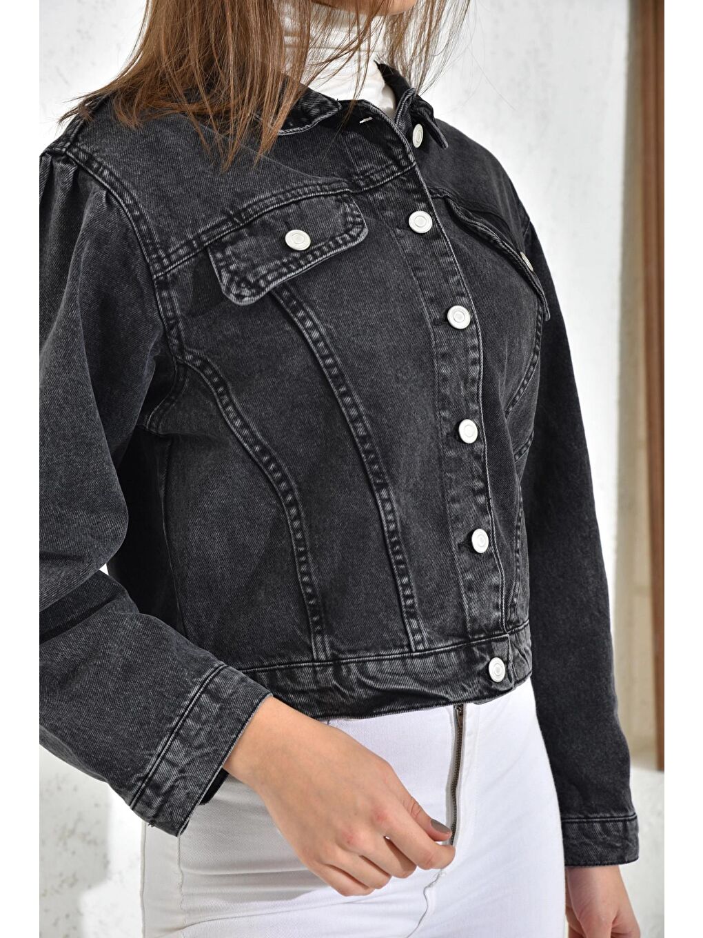 Kadın Antrasit Cep Detaylı Denim Ceket-1