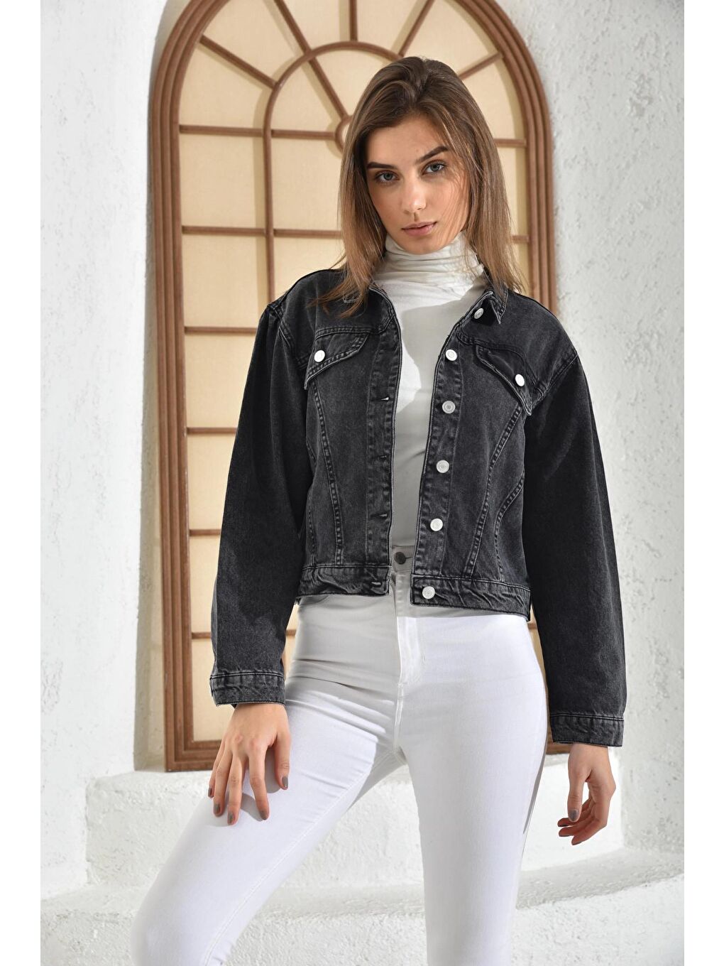 Kadın Antrasit Cep Detaylı Denim Ceket-2