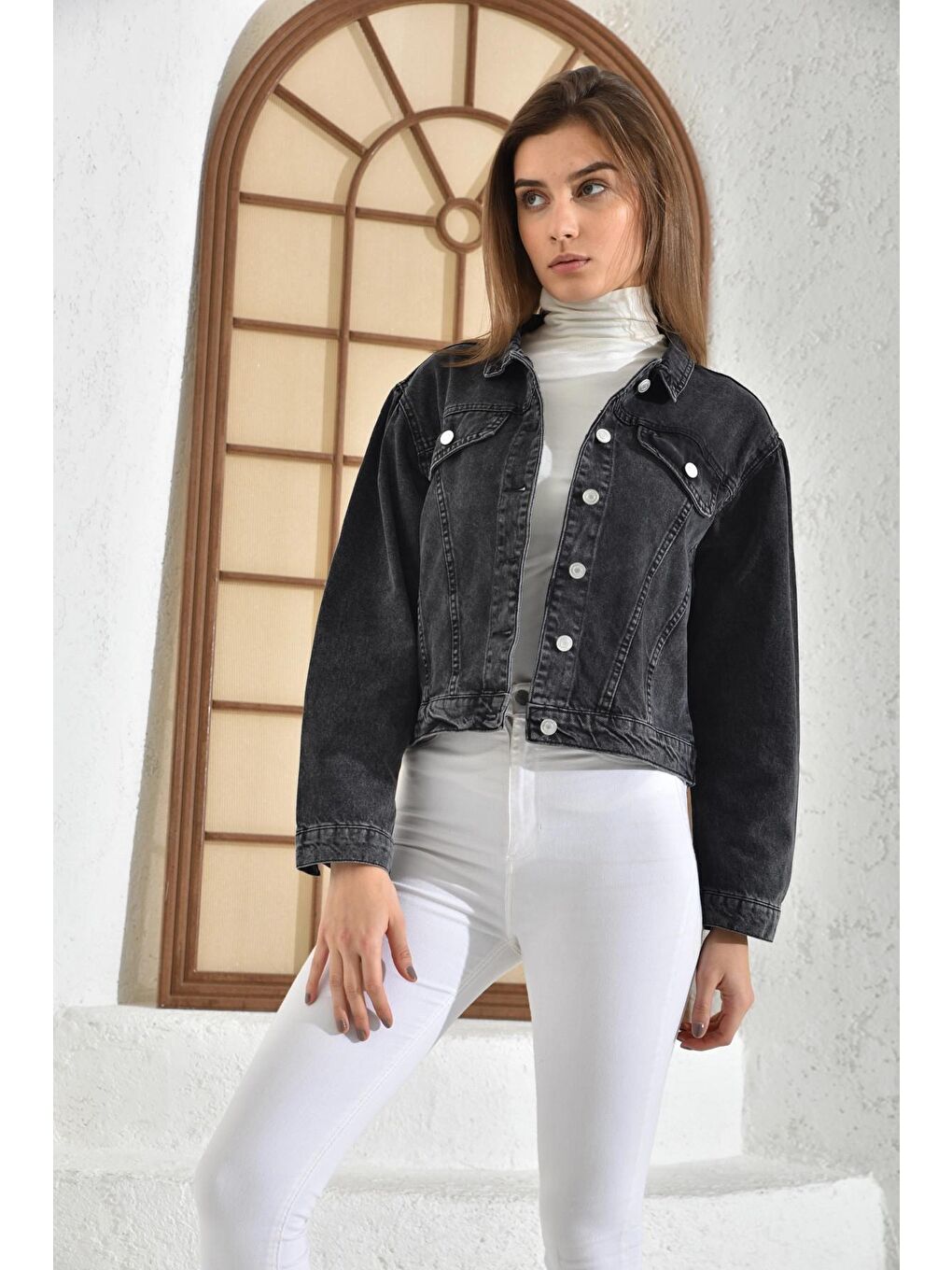 Kadın Antrasit Cep Detaylı Denim Ceket-3