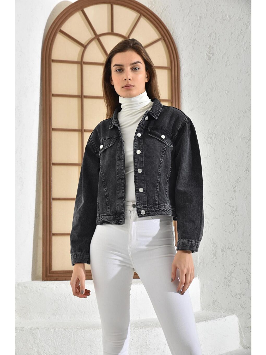 Kadın Antrasit Cep Detaylı Denim Ceket-4