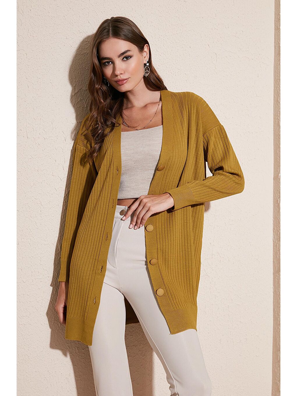 Yeşil V Yaka Düğmeli Triko Hırka 4616040