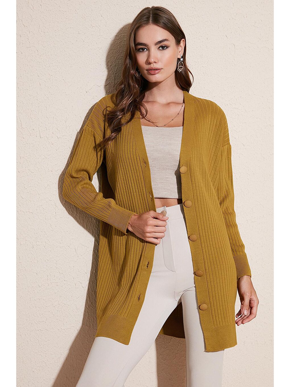 Yeşil V Yaka Düğmeli Triko Hırka 4616040-1