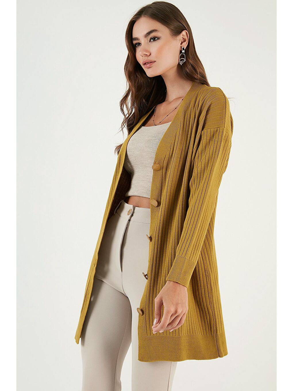 Yeşil V Yaka Düğmeli Triko Hırka 4616040-2