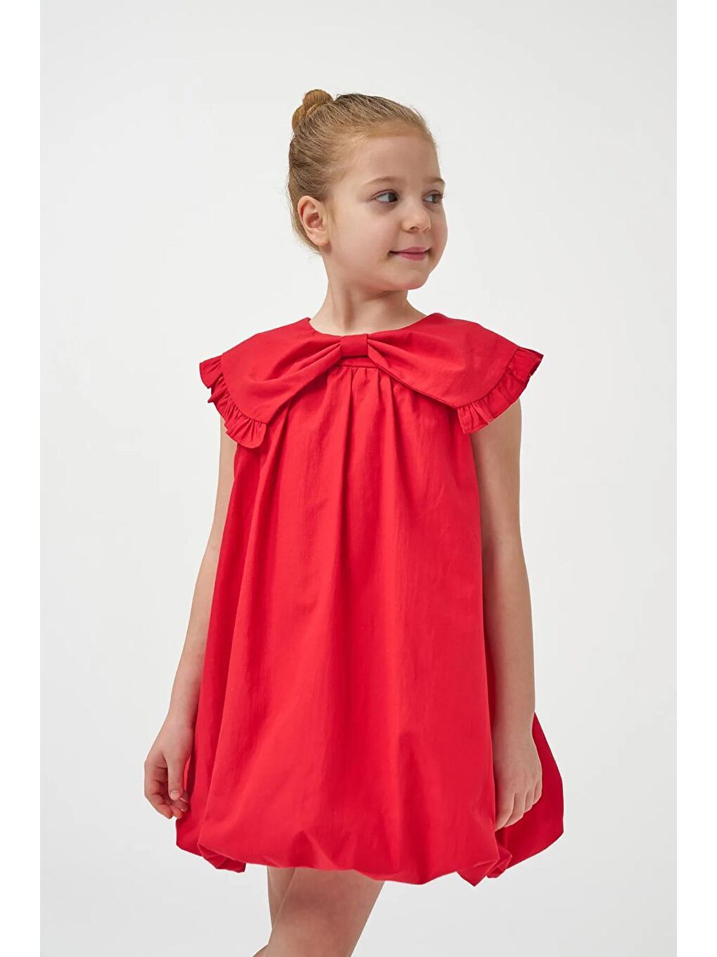 Pembe Kız Çocuk Pamuklu Fiyonk Yaka Balon Etek Elbise